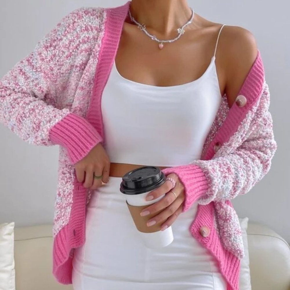 Pink Pocketed Popcorn Knit Oversized Cardigan - Picture 7 of 7